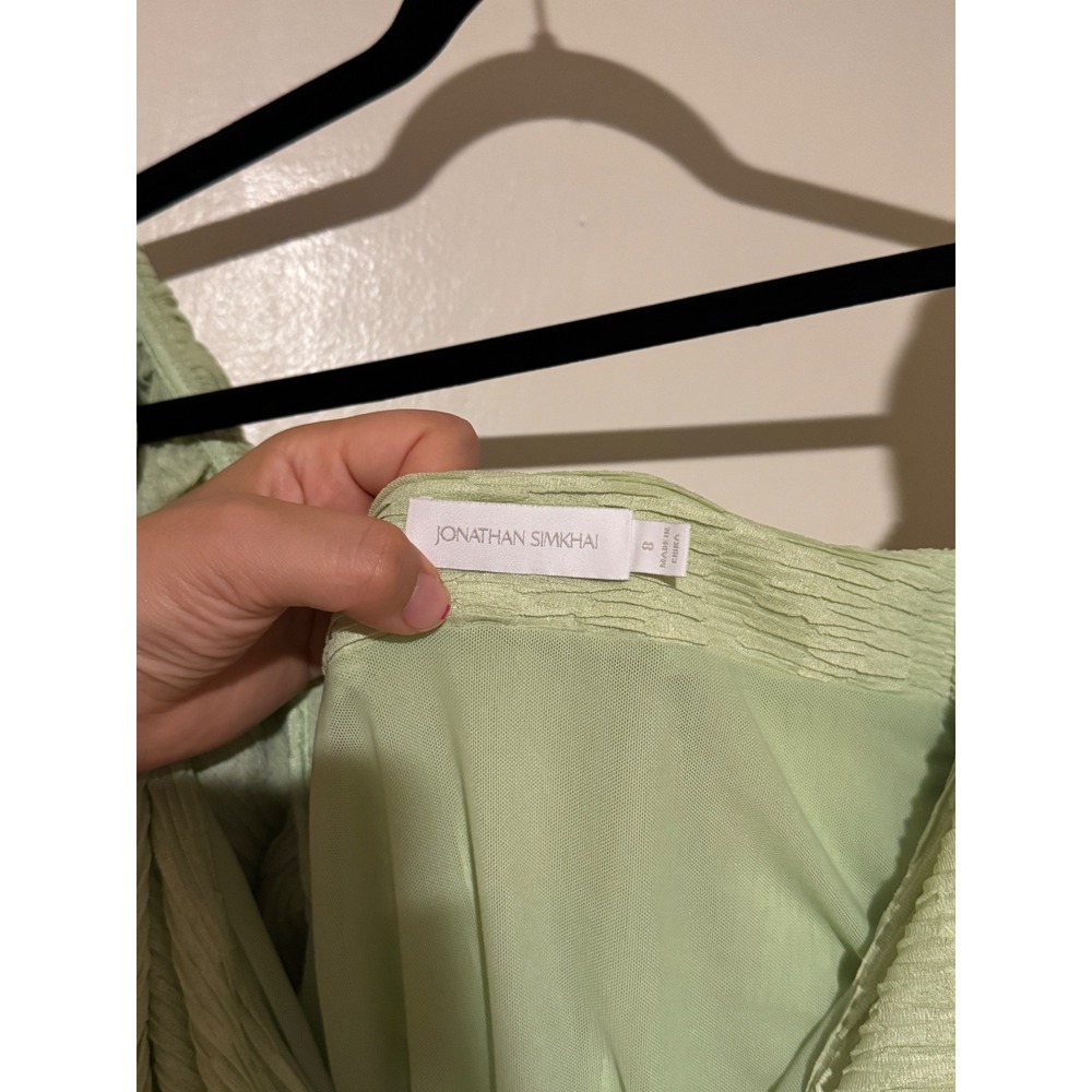 Jonathan Simkhai Sage Green Ruched Blouse Top Puff Sleeve Sweetheart Neck Size 8 - Picture 3 of 5